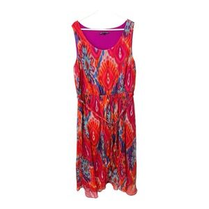 Adressing Woman 2X Pink Ikat Chiffon Midi Dress Sleeveless Tassel Belt Boho